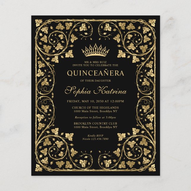 Budget Vintage Black Floral Gold Tiara Quinceanera (Front)