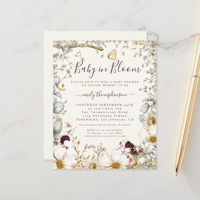 Budget Vintage Bunnies Baby In Bloom Cream Invite (Front/Back In Situ)