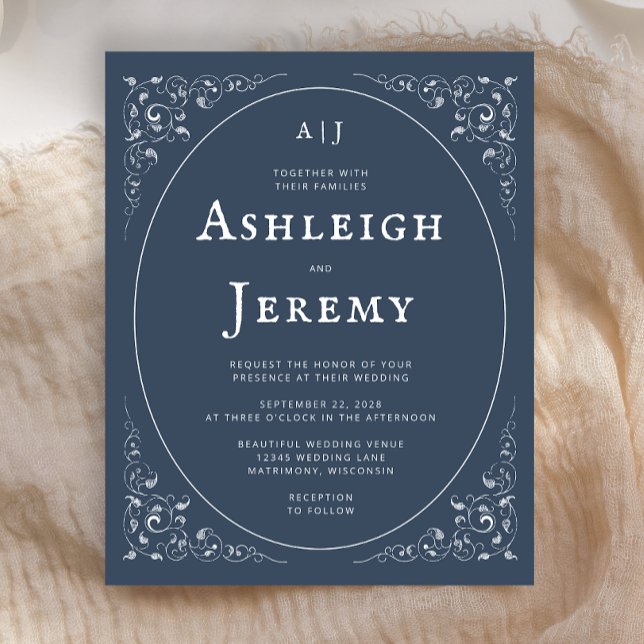 Budget Vintage Foliage Indigo Blue Wedding Invite (Creator Uploaded)