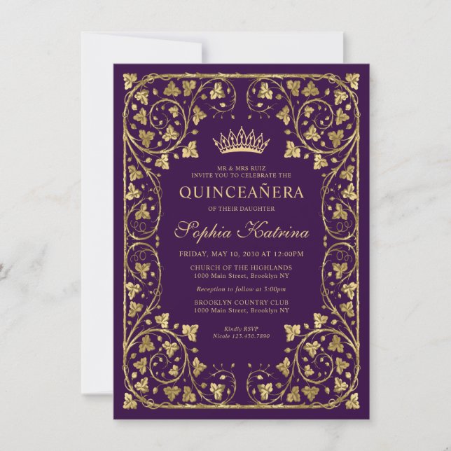 Budget Vintage Glam Purple Gold Tiara Quinceanera Card (Front)