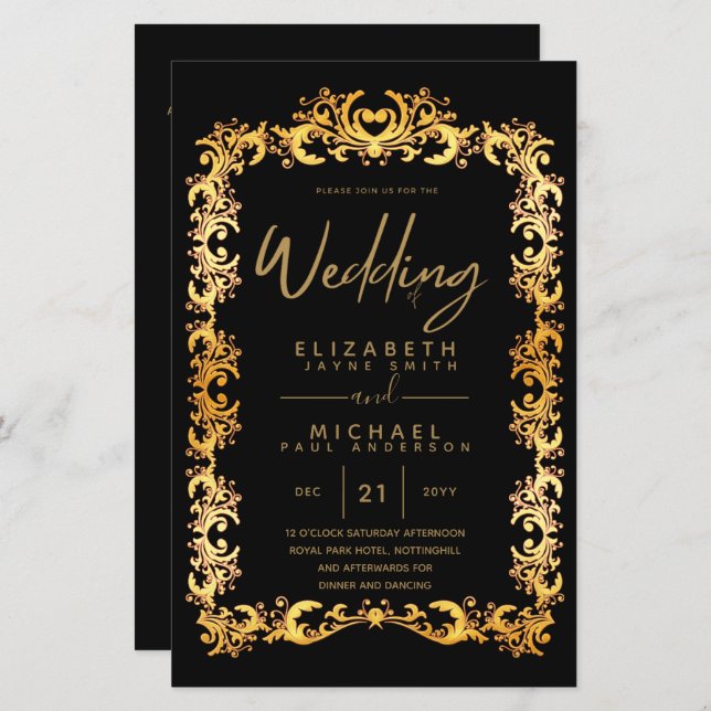 BUDGET Vintage Gold Framed Low Wedding Invite A9 (Front/Back)