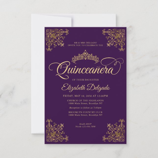 Budget Vintage Purple Gold Tiara Quinceanera Card (Front)