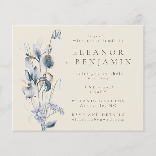 Budget Vintage Rustic Blue Floral Wedding Invite (Front)