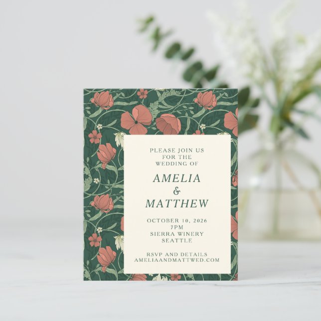 Budget Vintage Rustic Flowers Green Wedding Invite (Standing Front)