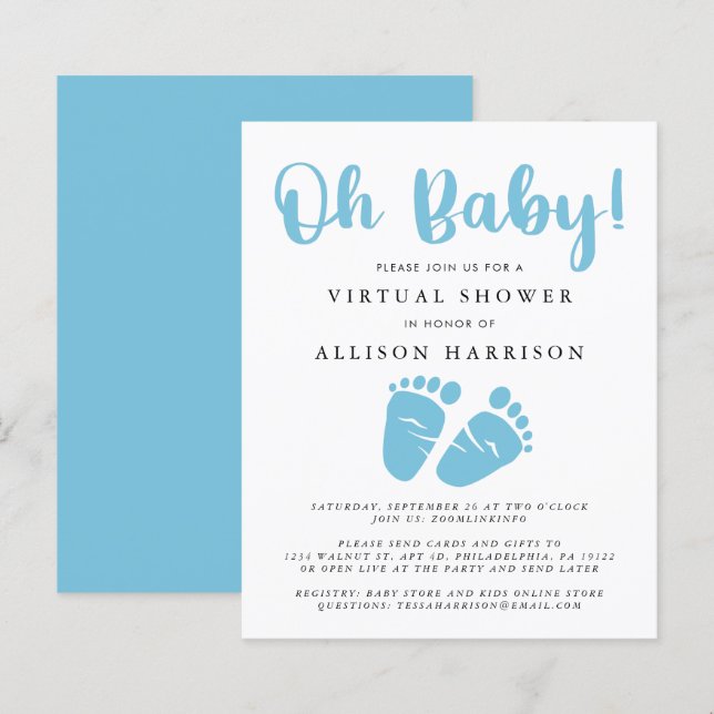 Budget Virtual Baby Shower Blue Feet Invitation (Front/Back)