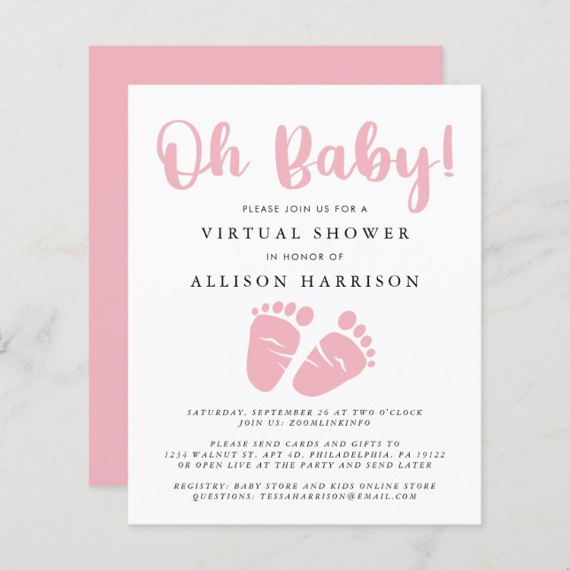 Budget Virtual Baby Shower Pink Feet Invitation (Front/Back)