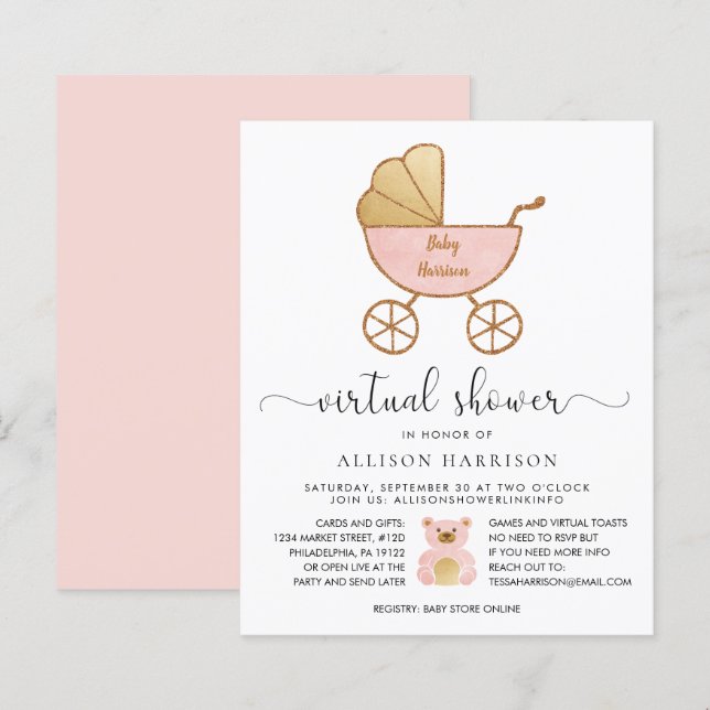 Budget Virtual Baby Shower Retro Carriage Pink (Front/Back)