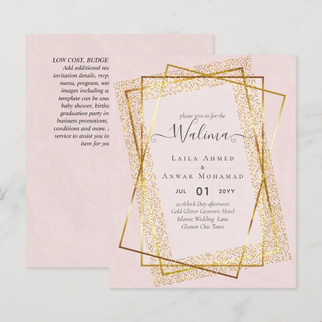 Budget Walima Muslim Wedding Gold Frame Invite (Front/Back)
