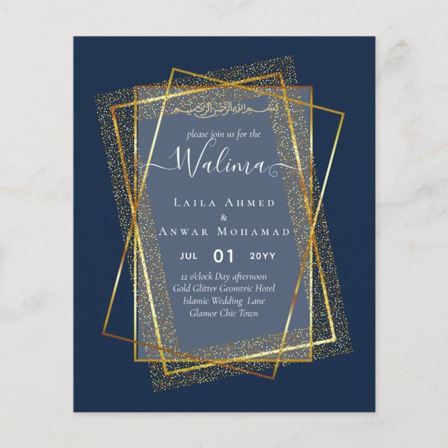 Budget Walima Muslim Wedding Gold Frame Invite Flyer (Front)