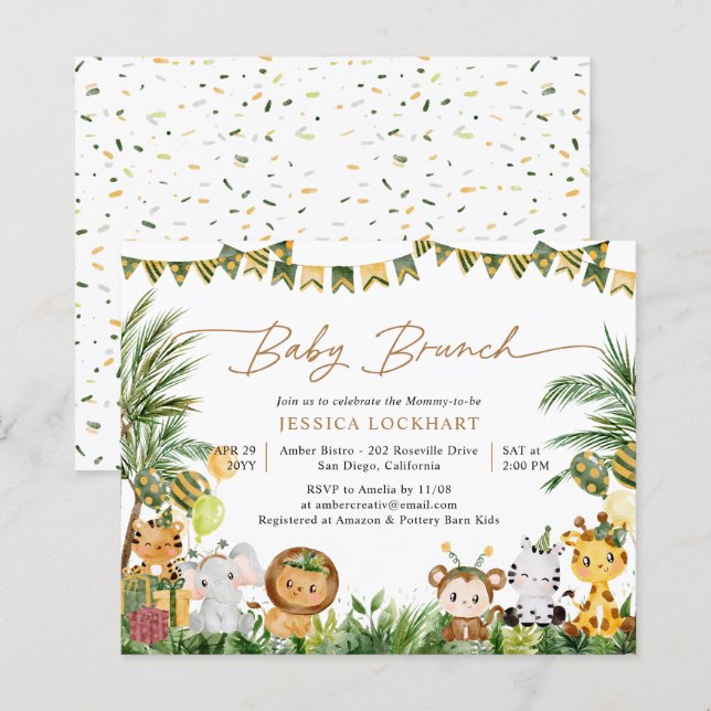 Budget Watercolor Animals Baby Brunch Invitation (Front/Back)