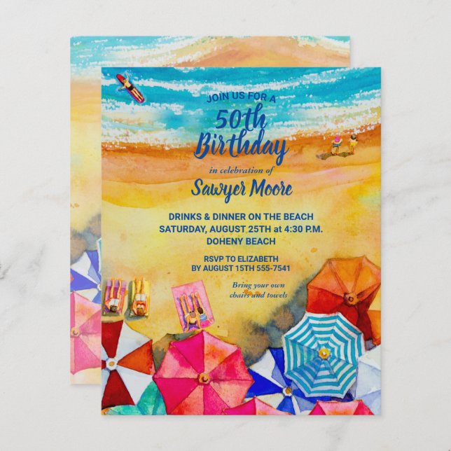 Budget Watercolor Beach Birthday Party Invitations (Front/Back)