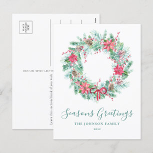 Budget Watercolor Berries & Greenery Wreath Holiday Postcard