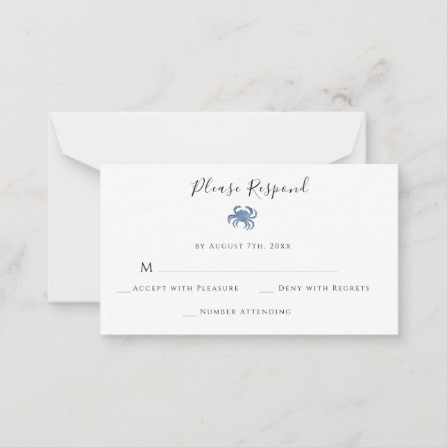 Budget Watercolor Blue Crab Wedding RSVP Cards (Front)