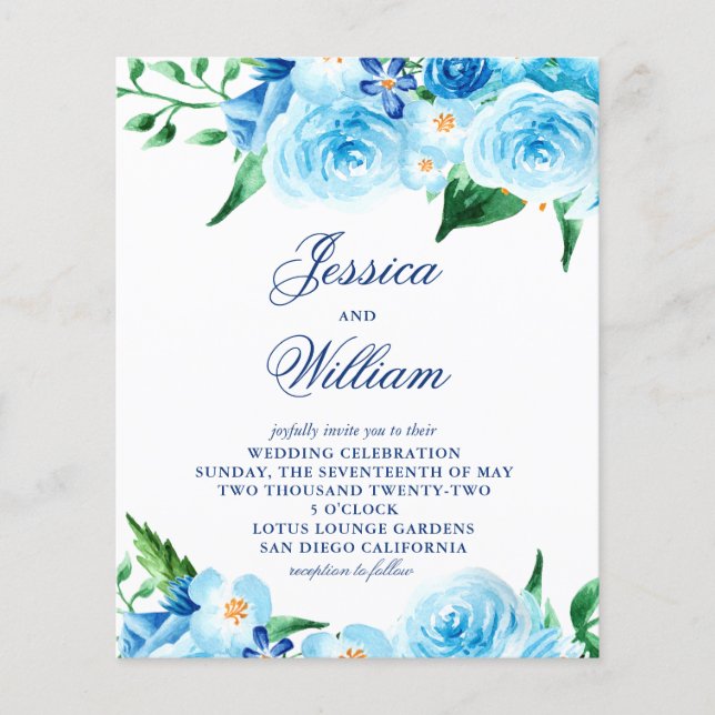 Budget Watercolor Blue Floral Wedding Invitation (Front)