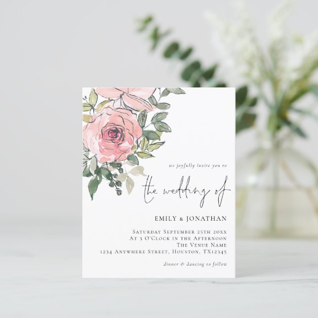 Budget Watercolor Blush Florals Wedding Invitation (Standing Front)