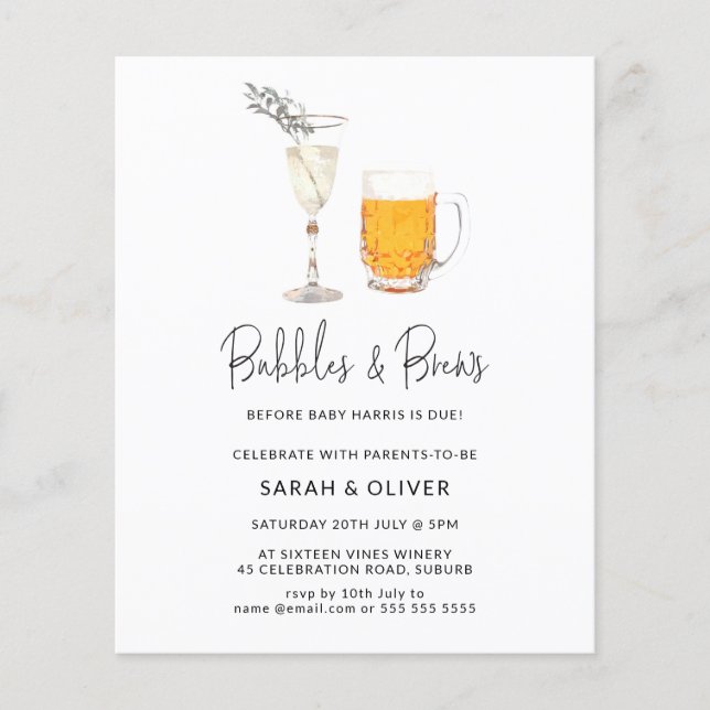 Budget Watercolor Bubbles & Brews Baby Shower Flyer (Front)