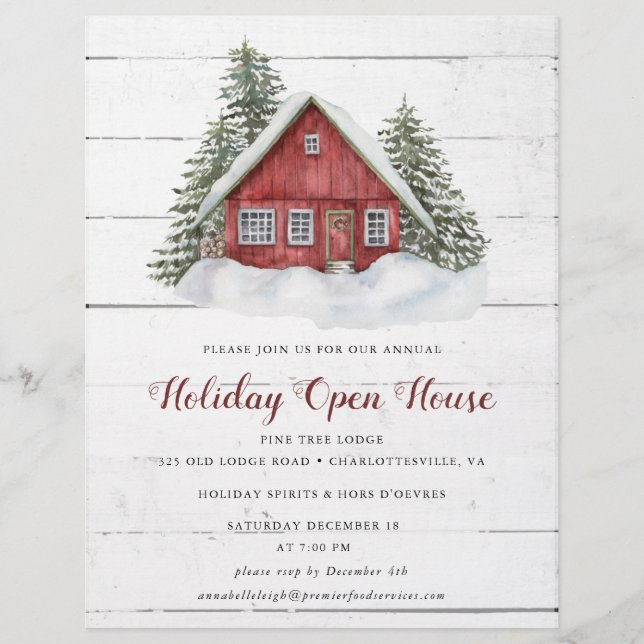 Budget Watercolor Cabin Holiday Open House Invite  Flyer (Front)