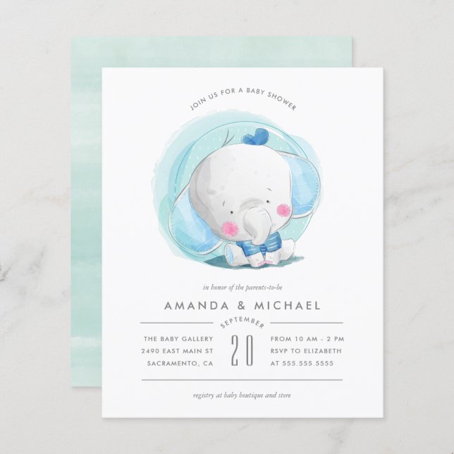 Budget Watercolor Elephant Blue Boy's Baby Shower (Front/Back)