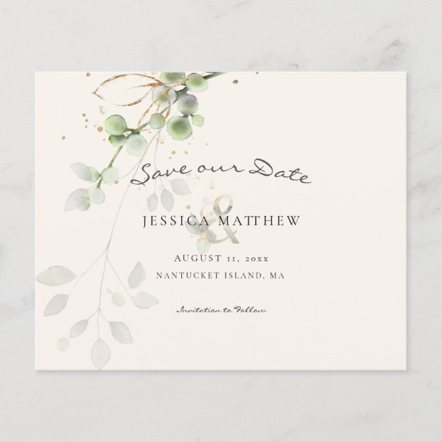 Budget Watercolor Eucalyptus Ecru Save The Date  (Front)
