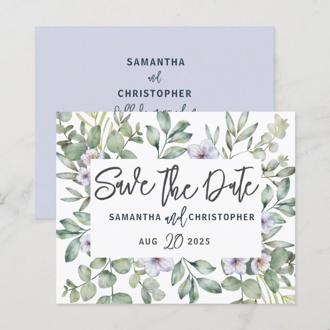 Budget Watercolor Eucalyptus Green Save the Date  (Front/Back)