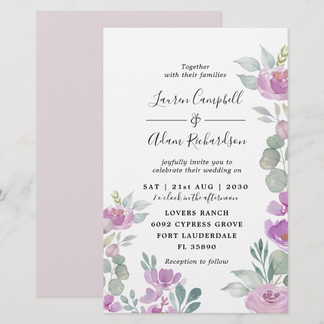 Budget Watercolor Eucalyptus Pink Wedding Invite (Front/Back)