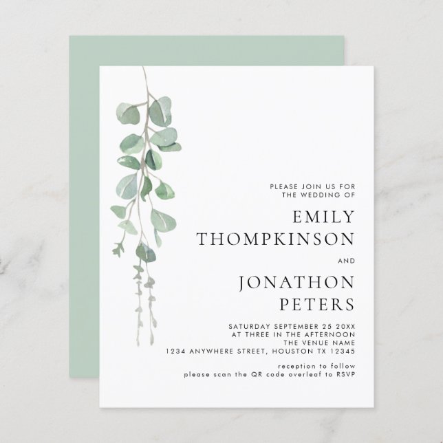 Budget Watercolor Eucalyptus Wedding Invitation (Front/Back)
