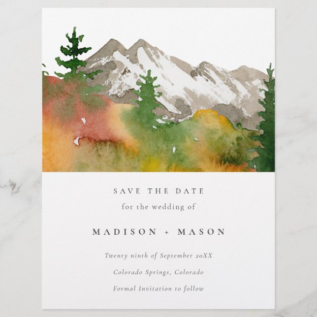 Budget Watercolor Fall Mountains Save the Date  Flyer (Front)