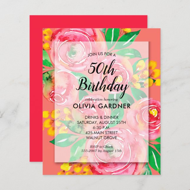 Budget Watercolor Floral Birthday Invitations (Front/Back)