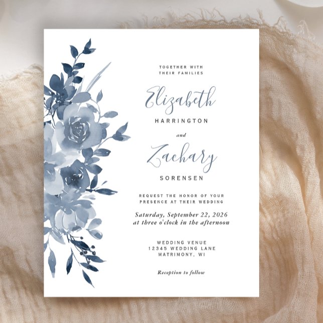 Budget Watercolor Floral Dusty Blue Wedding Invite (Creator Uploaded)
