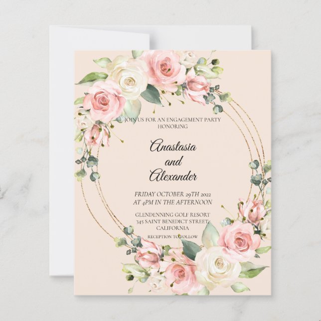 Budget Watercolor Floral Engagement invitation. (Front)