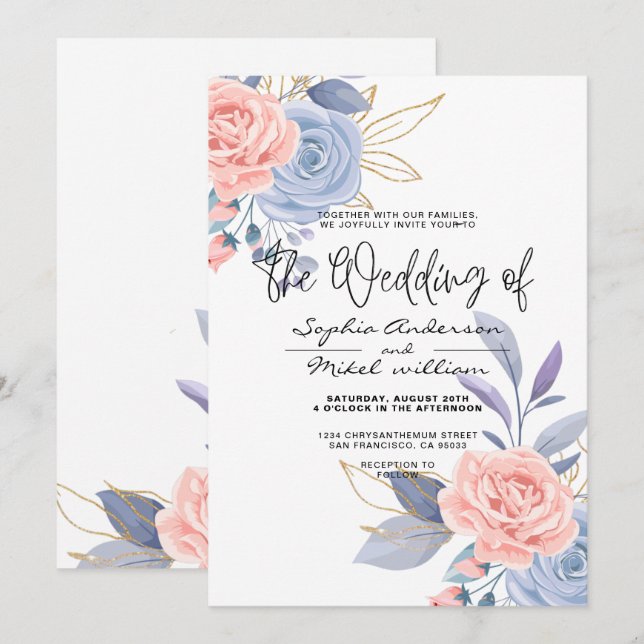 Budget Watercolor Floral Gold Blue & Pink wedding  Invitation (Front/Back)