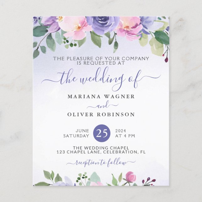 Budget Watercolor Floral Purple Pink Wedding (Front)