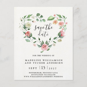 Budget Watercolor Floral Rose Heart Save the Date 