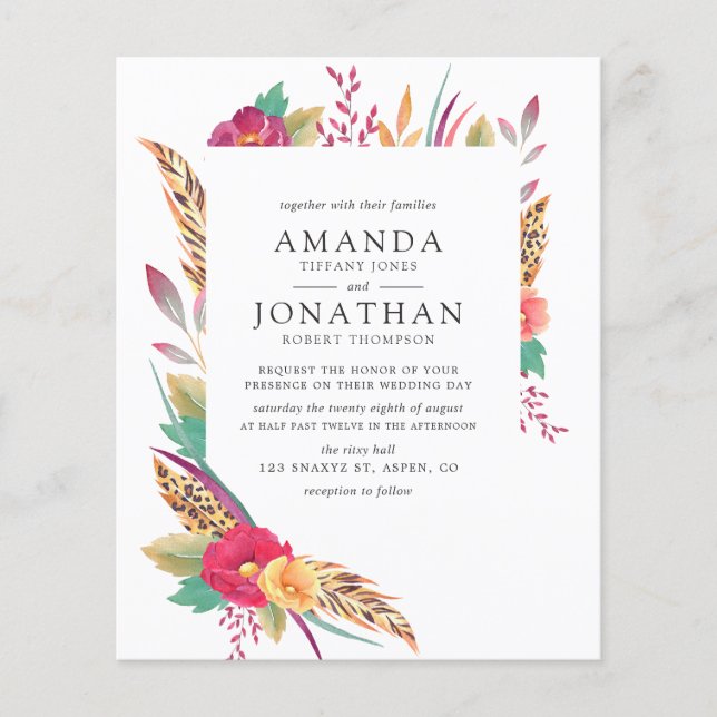 Budget Watercolor Floral Safari Wedding Invitation Flyer (Front)