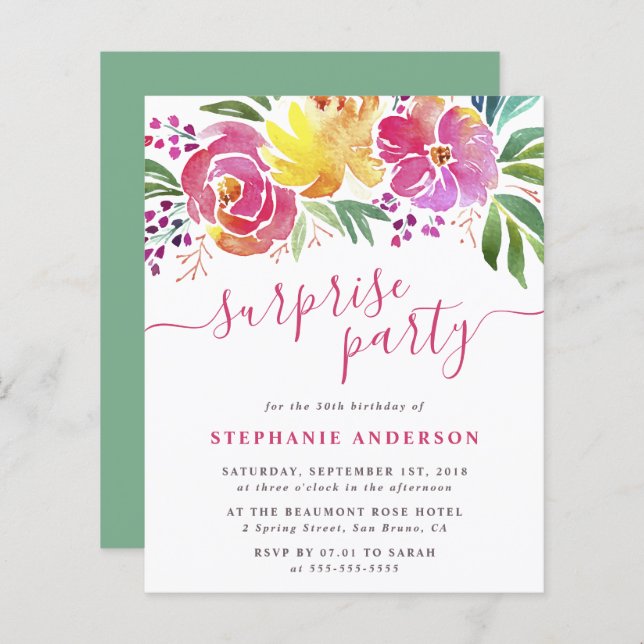 Budget Watercolor Flowers Script Surprise Party (Front/Back)