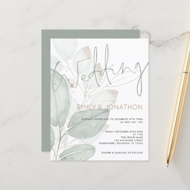 Budget Watercolor Foliage Wedding Invitation (Front/Back In Situ)
