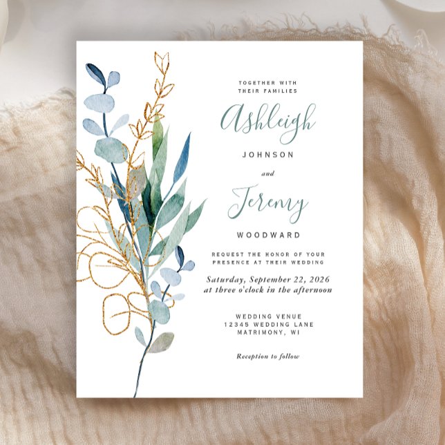 Budget Watercolor Gold Eucalyptus Wedding Invite (Creator Uploaded)