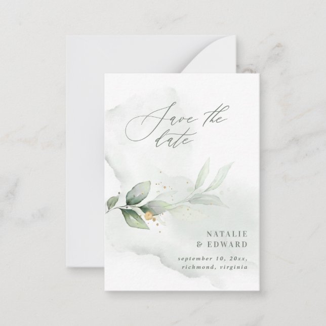 budget watercolor green eucalyptus save the date card (Front)