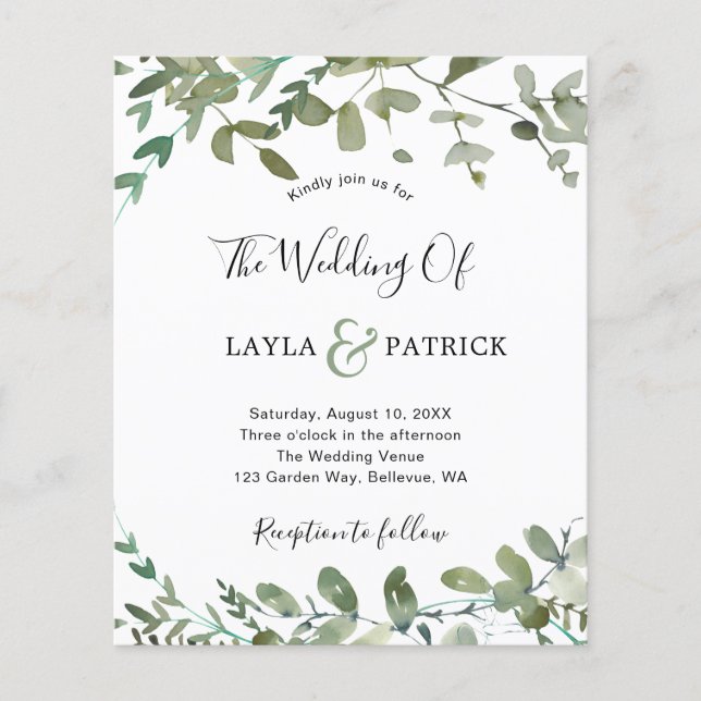 Budget Watercolor Greenery Wedding Invitation Flyer (Front)