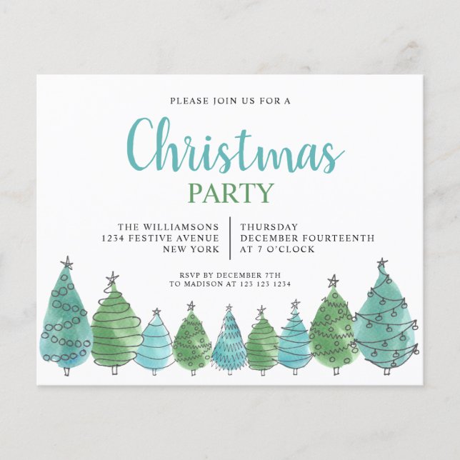 Budget Watercolor Holiday Christmas Trees Party  (Front)