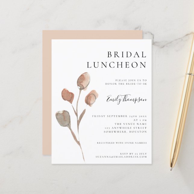 Budget Watercolor Leaves Bridal Luncheon Invite (Front/Back In Situ)