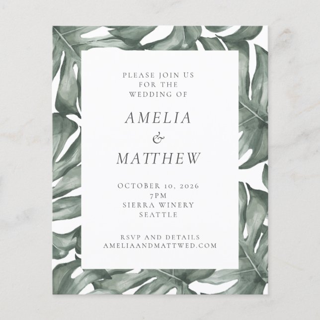 Budget Watercolor Monstera Green Wedding Invite (Front)