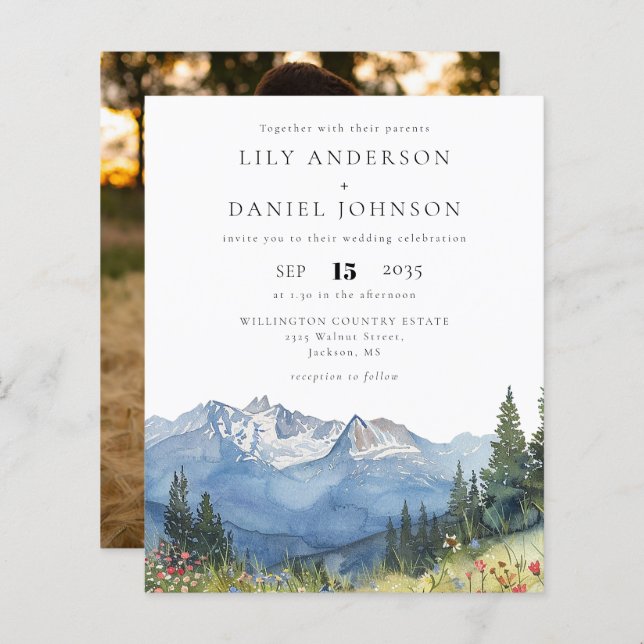 Budget Watercolor Mountain Photo Wedding Invite (Front/Back)