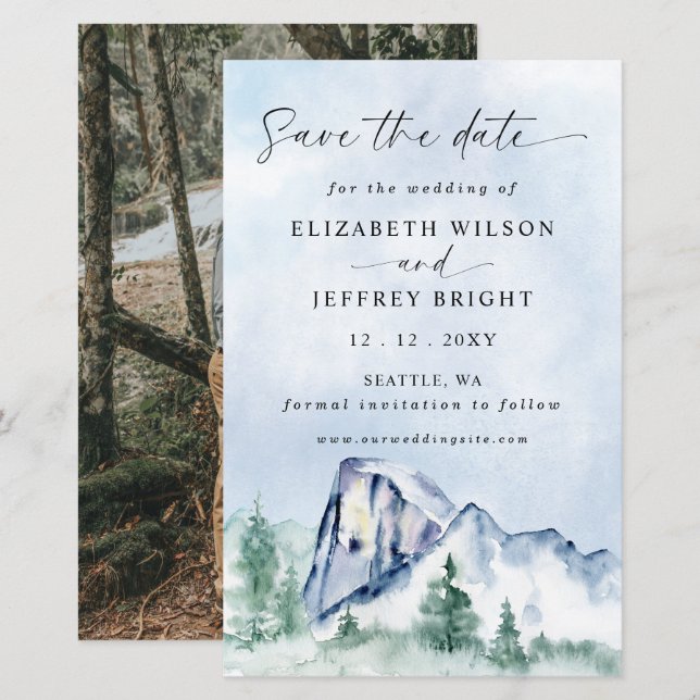 Budget Watercolor Mountains Pine Save the date (Front/Back)