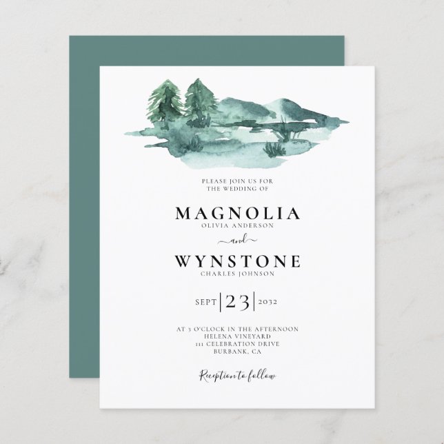 Budget Watercolor Mountains Wedding Invitation (Front/Back)
