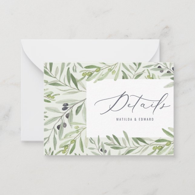 budget watercolor olive elegant wedding details card (Front)