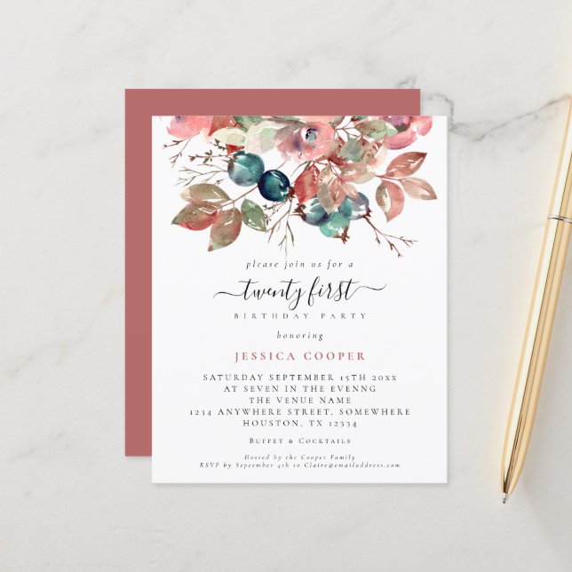 Budget Watercolor Pink Floral 21st Birthday Invite (Front/Back In Situ)
