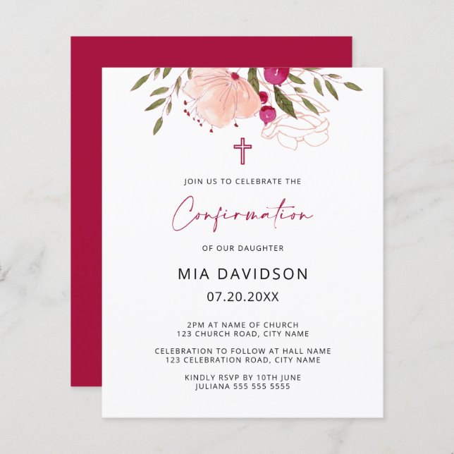 Budget Watercolor Pink Floral Confirmation Invite (Front/Back)