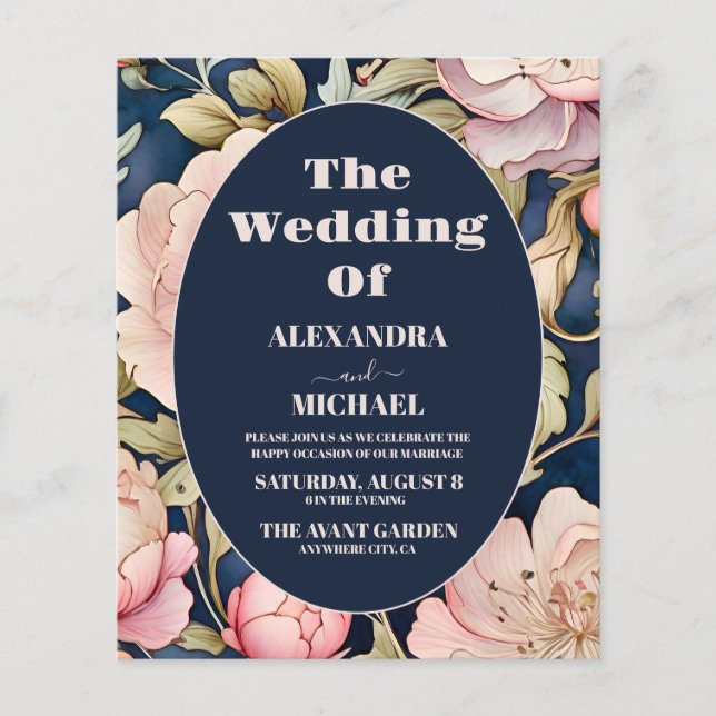 Budget Watercolor Pink Peony  Art Nouveau Wedding (Front)