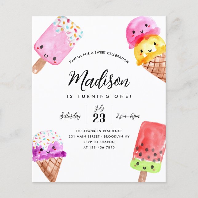Budget Watercolor Popsicle Cone Ice Cream Birthday (Front)
